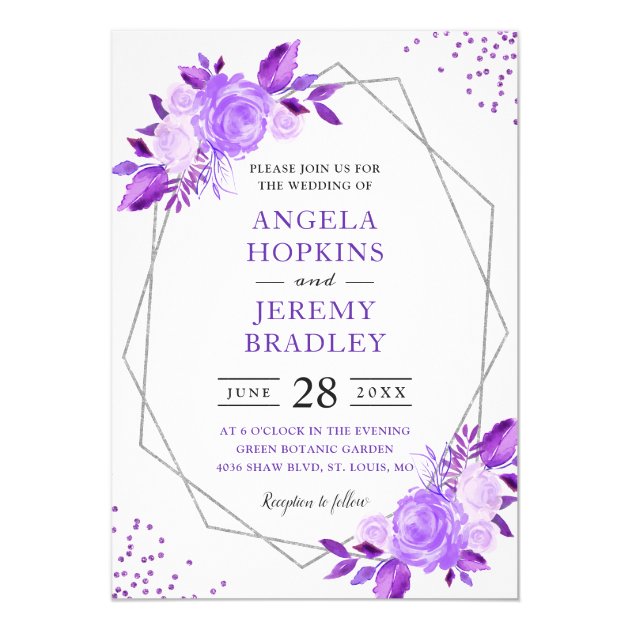 Lavender Purple Floral Modern Silver Frame Wedding Invitation