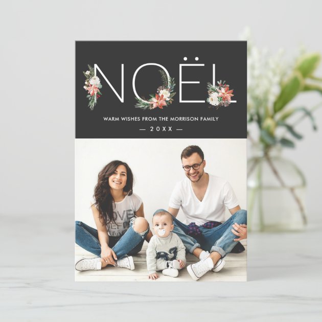 NOEL Typography Poinsettia Floral Christmas Photo Holiday Card