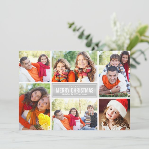 Photo Collage Christmas Card | Silver Chevron