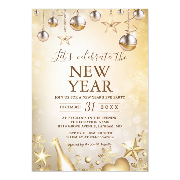 Golden Ornaments Celebrate The New Year's Party Card