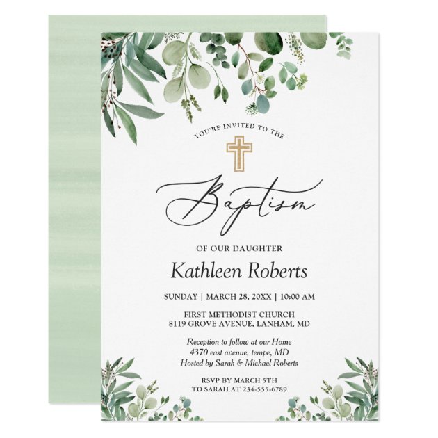 Baptism Christening | Greenery Eucalyptus Leaves Invitation