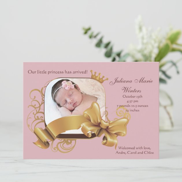 Royal Square Pink Photo Birth Announcement