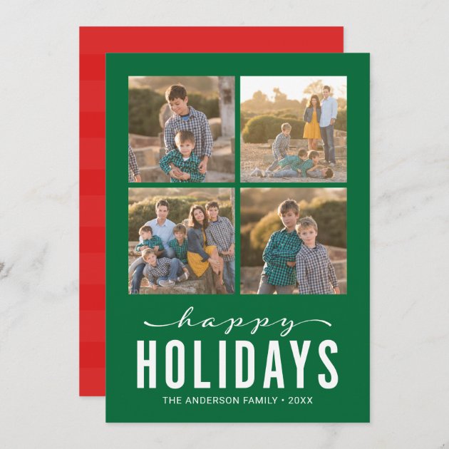 Green Red Modern Happy Holidays Photo Collage Holiday Card