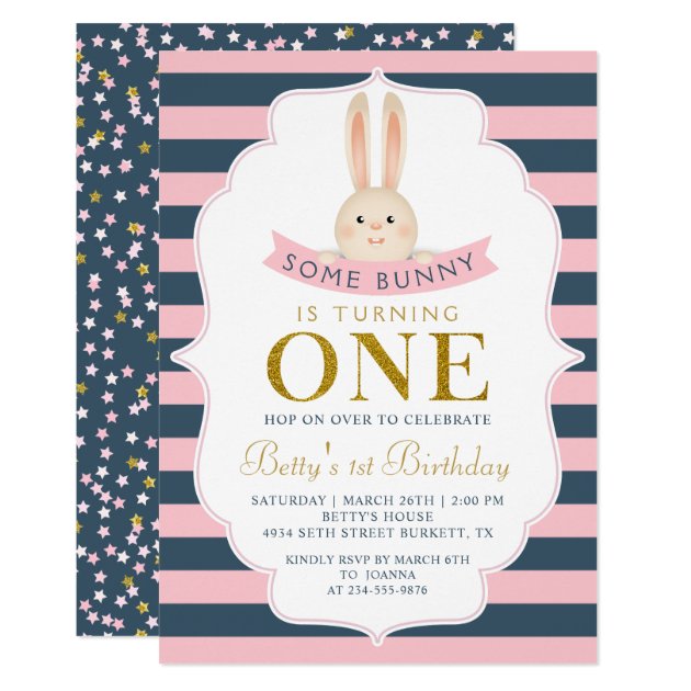 Navy Blue & Pink Gold Some Bunny First Birthday Invitation