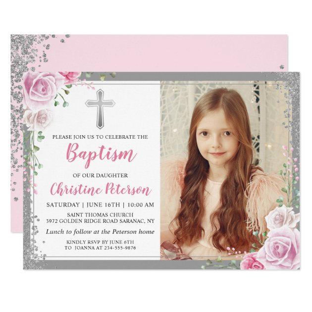 Pink Floral Silver Glitter Girl Baptism Photo Invitation