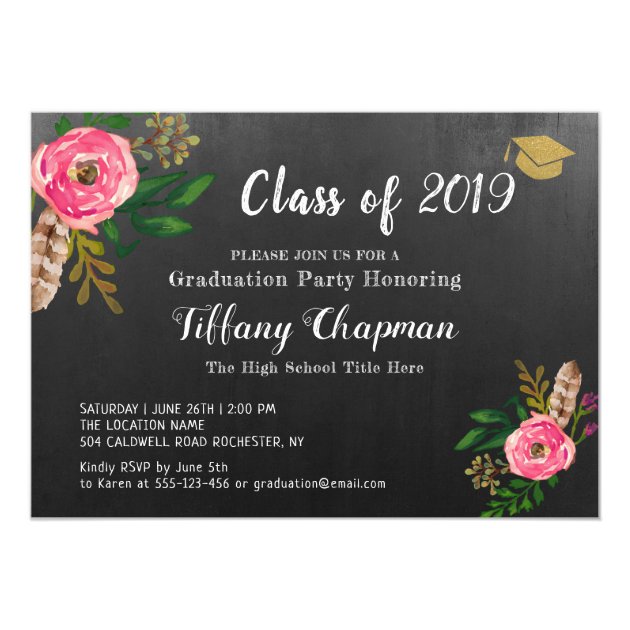 Vintage Chalkboard Modern Floral Graduation Party Invitation