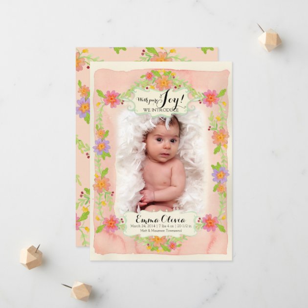 Watercolor Modern Painterly Floral Baby Girl Birth Announcement