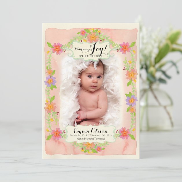 Watercolor Modern Painterly Floral Baby Girl Birth Announcement
