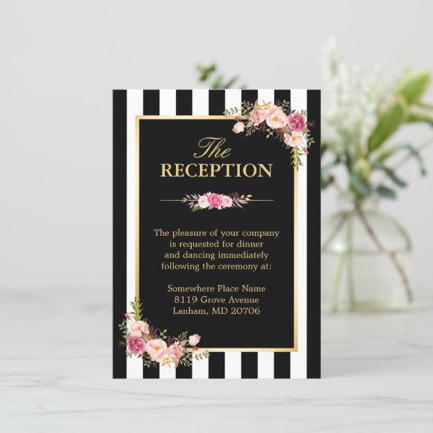 Wedding Reception Floral Gold Black White Stripes Enclosure Card