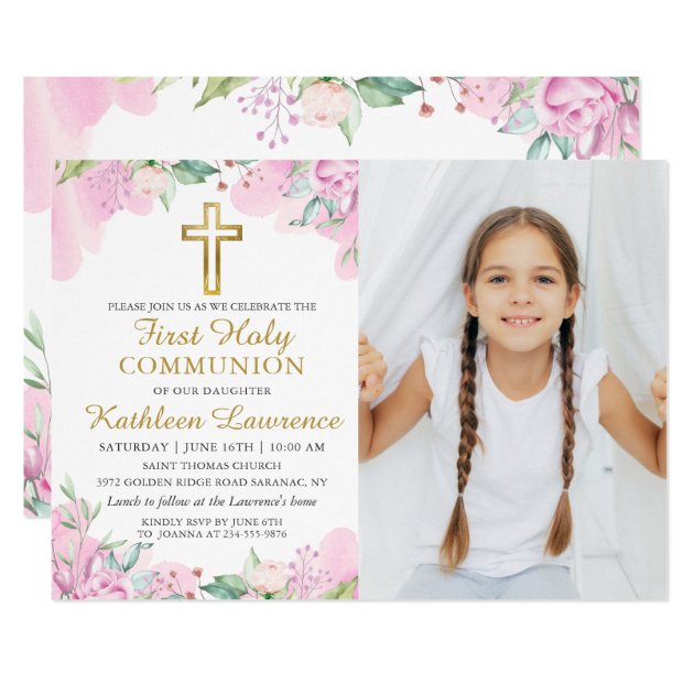 Watercolor Pink Floral First Holy Communion Photo Invitation