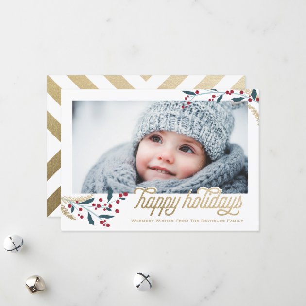 Gold Red Berries Frame | Happy Holidays Holiday Invitation