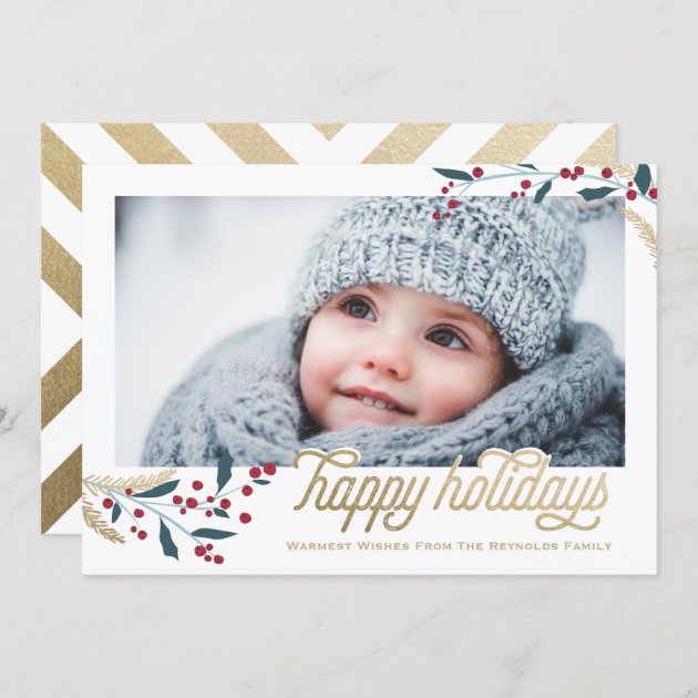 Gold Red Berries Frame | Happy Holidays Holiday Invitation