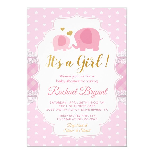 Sweet Pink Gold Lace Elephant Girl Baby Shower Invitation