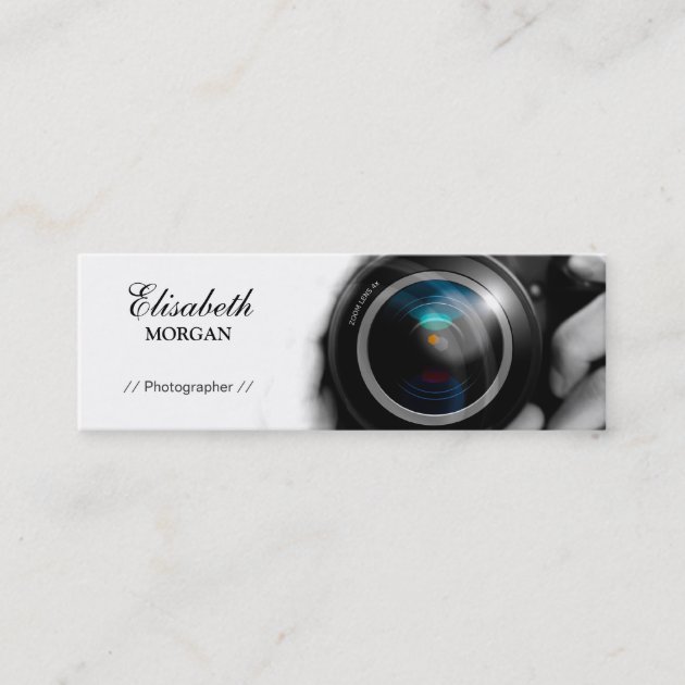 Chic Black and White Photographer Camera Lens Mini Business Card (front side)
