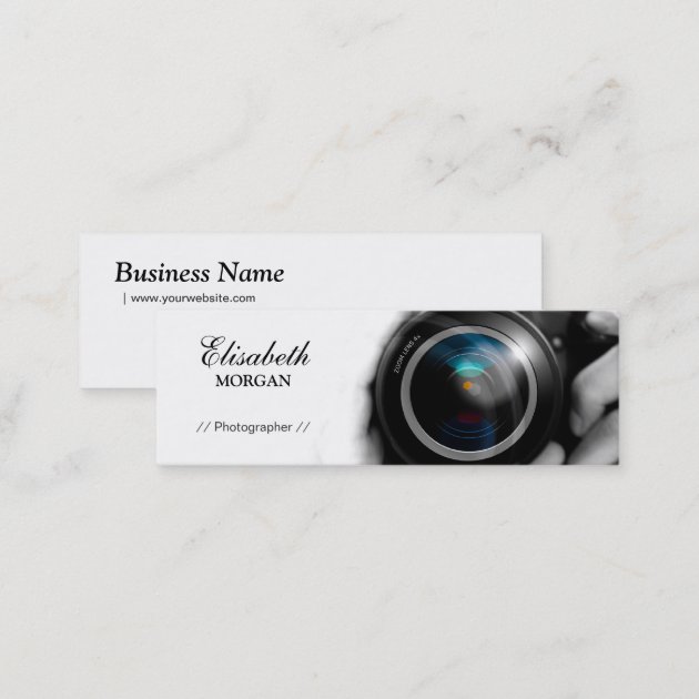 Chic Black and White Photographer Camera Lens Mini Business Card (back side)