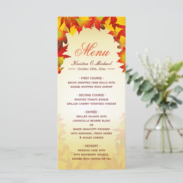 Autumn Gold Red Fall Leaves Wedding Menu Template