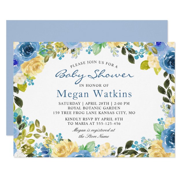 Watercolor Blue Yellow Flowers Baby Shower Card