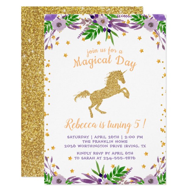 Gold Unicorn Watercolor Floral Birthday Party Card