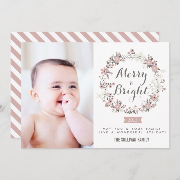 Blush And Gray Christmas Wreath Holiday Photo Card