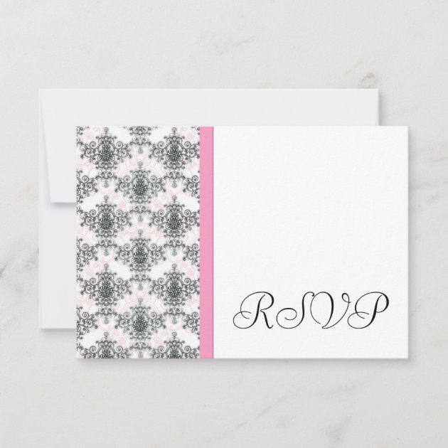Black White PInk Damask Wedding RSVP Reply Cards