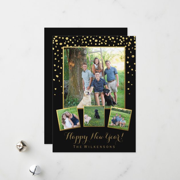 Happy New Year Black & Gold Confetti Photo Collage Holiday Card