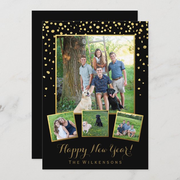 Happy New Year Black & Gold Confetti Photo Collage Holiday Card