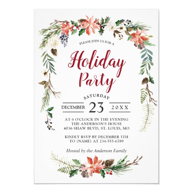 Poinsettia Holly Berry Ivory Floral Holiday Party Invitation