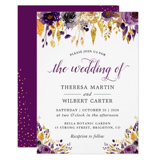 Modern Purple Gold Glitters Floral Wedding Card