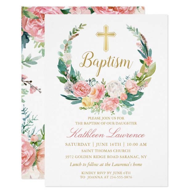 Pink Floral Greenery Wreath Girl Baptism Invitation