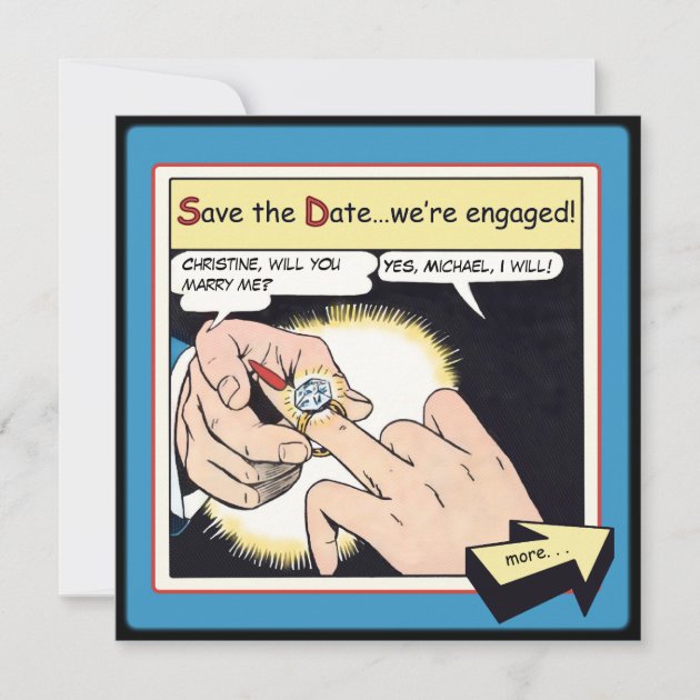 Comic Style Bling Ring Save the Date Blue