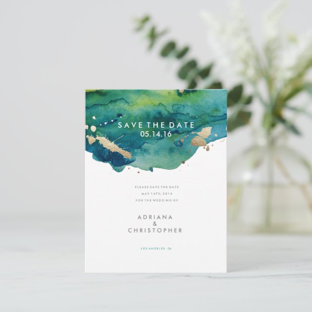 Blue Green And Gold Splatter Wedding Save The Date
