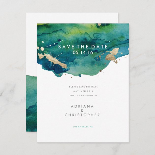 Blue Green And Gold Splatter Wedding Save The Date