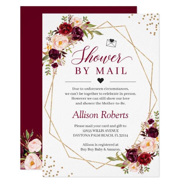 Shower By Mail Burgundy Red Floral Gold Geometric Invitation