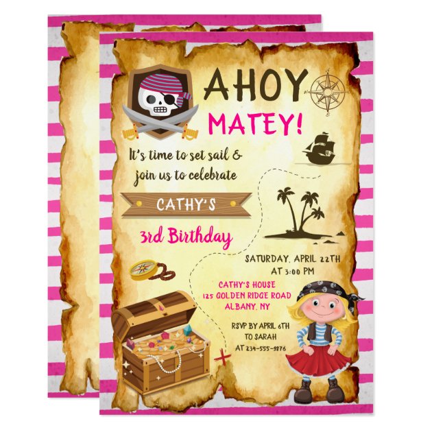 Pink Ahoy Treasure Map Girls Pirate Birthday Invitation