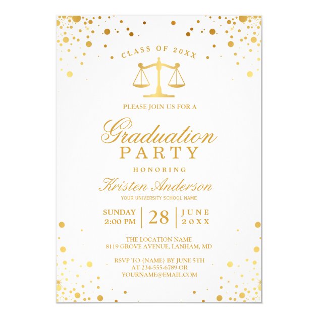 Gold Confetti Dots Law School Graduation Party Invitation