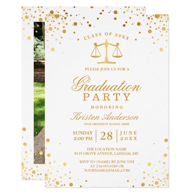Gold Confetti Dots Law School Graduation Party Invitation