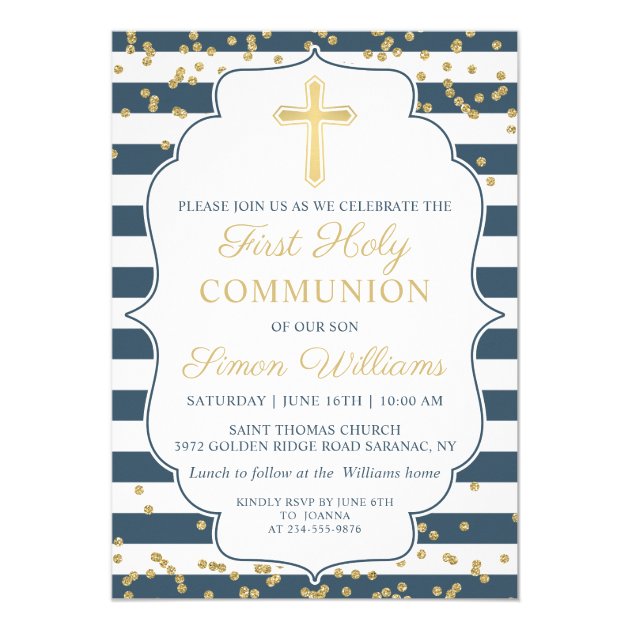 Gold Glitter Navy Blue First Holy Communion Invitation