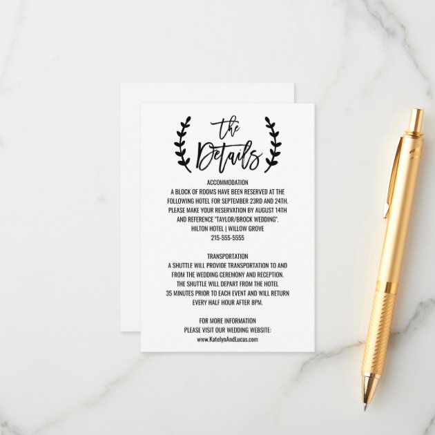 Chic White Black Olive Branches Wedding Details Enclosure Card