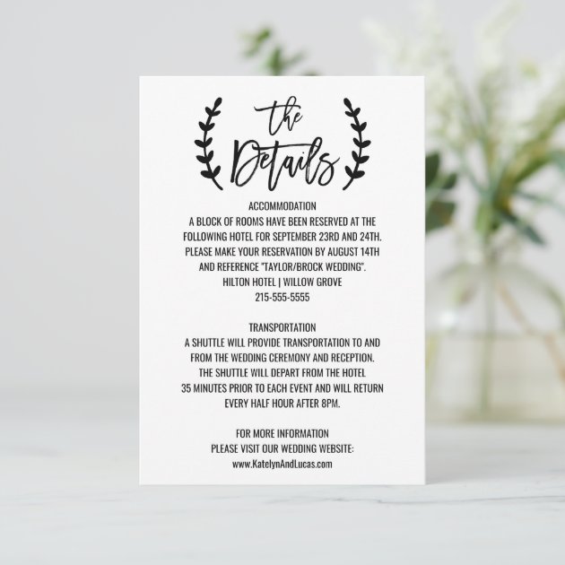 Chic White Black Olive Branches Wedding Details Enclosure Card
