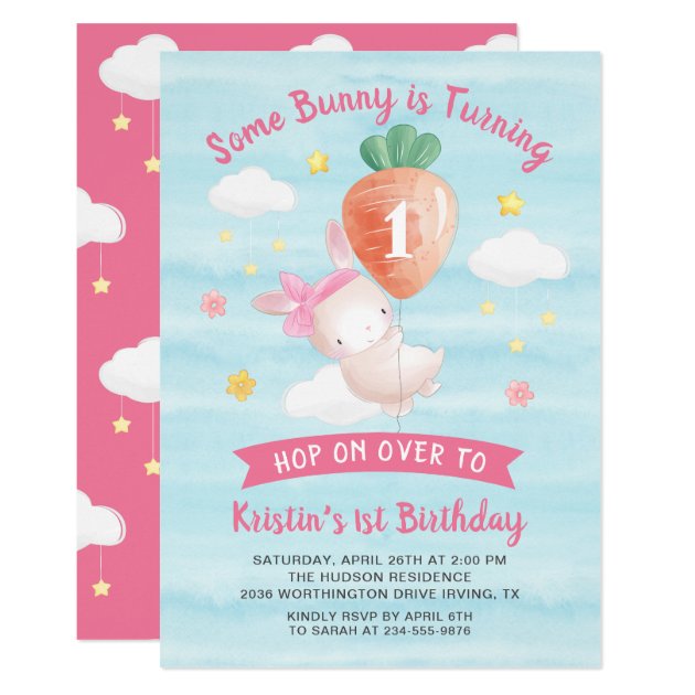 Cute Pink Some Bunny with Carrot Birthday Invitation