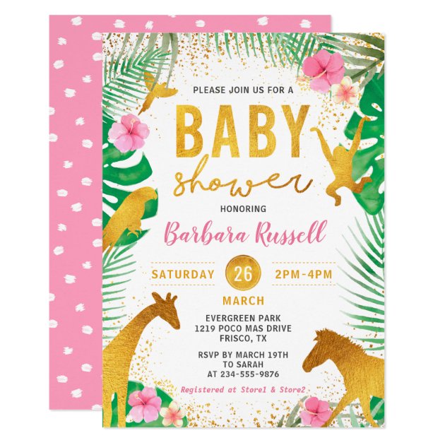 Pink Floral Jungle Animals Safari Girl Baby Shower Invitation