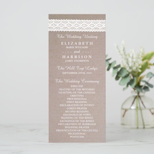 Rustic Kraft & Vintage White Lace Wedding Program