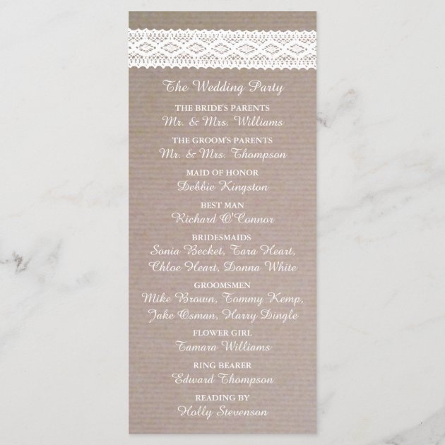 Rustic Kraft & Vintage White Lace Wedding Program