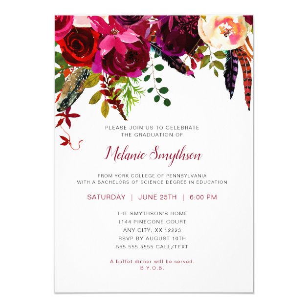 Trendy Boho Burgundy Floral Graduation Party Invitation