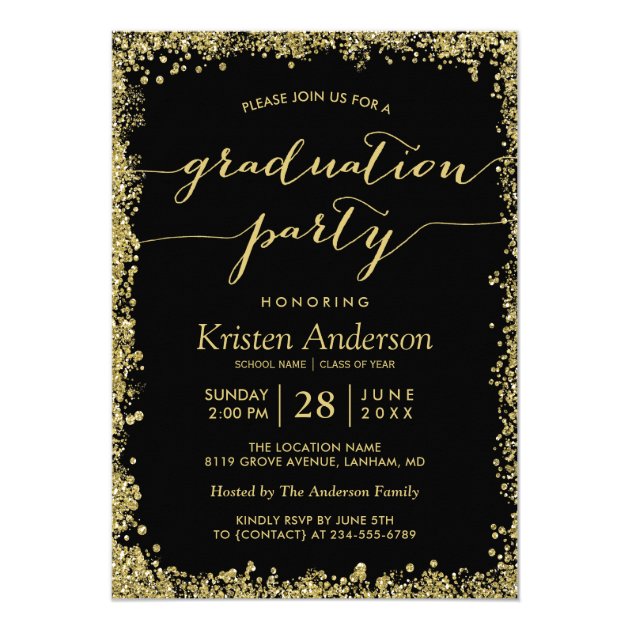 Gold Glitters Border Typography Graduation Party Invitation