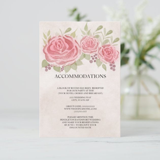 Vintage Pink Roses Wedding  Accommodations Enclosure Card