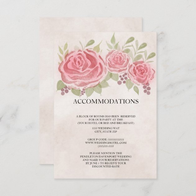 Vintage Pink Roses Wedding  Accommodations Enclosure Card