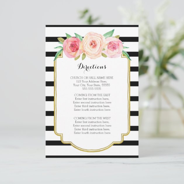 Pink Floral Black Stripes Wedding Direction Insert