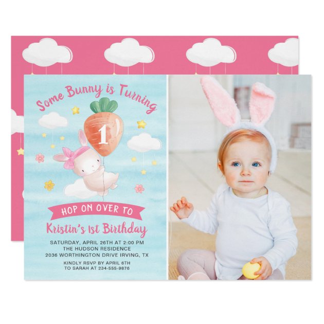 Cute Pink Some Bunny with Carrot Birthday Photo Invitation