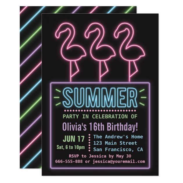 Faux Neon Flamingo Summer Sixteen Birthday Party Invitation